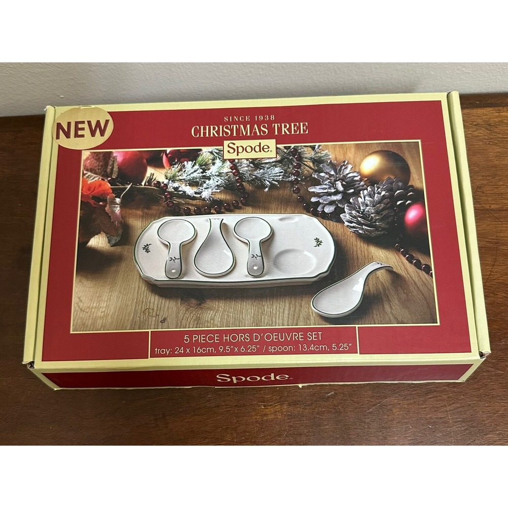 Spode Christmas Tree 5 Piece Hors D'oeuvre Set 9.5" Tray 4 Spoons New